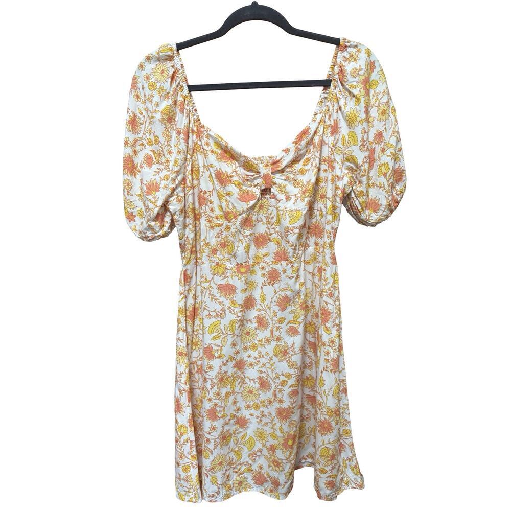 Billabong Yellow Floral Puff Sleeve Sweetheart Mini Dress Size L